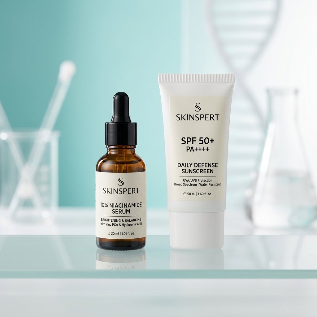 Skinspert skincare products — Niacinamide Serum, Sunscreen SPF 50, Salicylic Acid Cleanser, Hydro Moisturizer